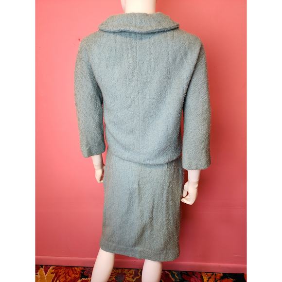 Size XS | Vintage 1960's Light Steel Blue Wool Boucle Knit Skirt Suit Set - Picture 4 of 11